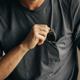 fit model showing off pocket detail on The Cotton Hemp Long Sleeve Tee in Charcoal, Knits by Taylor Stitch