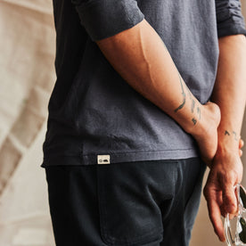 fit model showing off details on The Cotton Hemp Long Sleeve Tee in Navy, Knits by Taylor Stitch