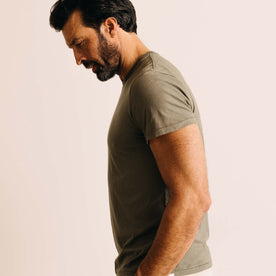 fit model in The Cotton Hemp Tee in Olive, Knits by Taylor Stitch