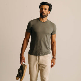 fit model showing off The Cotton Hemp Tee in Olive, Knits by Taylor Stitch