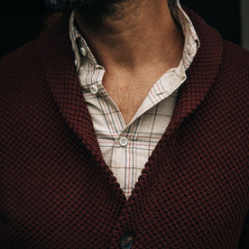 fit model showing off collar detail on The Crawford Sweater in Black Cherry, Knits by Taylor Stitch