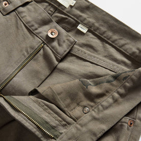 material shot of the waistband on The Democratic All Day Pant in Fatigue Olive Selvage Denim, Bottoms by Taylor Stitch