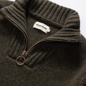 material shot of the collar on The Quarter Zip Tanker Sweater in Loden, Knits by Taylor Stitch