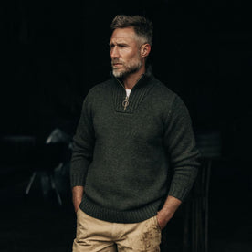 fit model wearing The Quarter Zip Tanker Sweater in Loden, Knits by Taylor Stitch