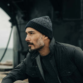 fit model in The Headland Beanie in Dark Navy, Accessories by Taylor Stitch