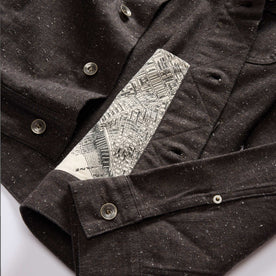 material shot of the inside pocket on The Long Haul Jacket in Peat Nep Herringbone, Outerwear by Taylor Stitch