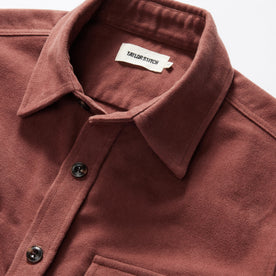 material shot of the collar on The Maritime Shirt Jacket in Black Cherry Moleskin, Wovens by Taylor Stitch