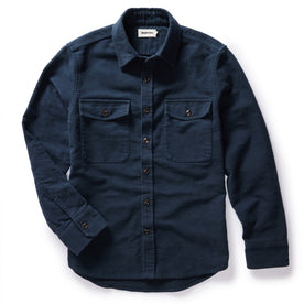 flatlay of The Maritime Shirt Jacket in Dark Navy Moleskin, Wovens by Taylor Stitch