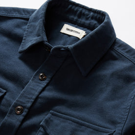 material shot of the collar on The Maritime Shirt Jacket in Dark Navy Moleskin, Wovens by Taylor Stitch