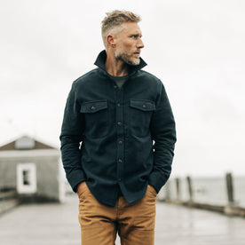 fit model in The Maritime Shirt Jacket in Dark Navy Moleskin, Wovens by Taylor Stitch