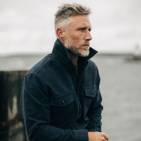 fit model showing the side of The Maritime Shirt Jacket in Dark Navy Moleskin, Wovens by Taylor Stitch