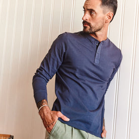 fit model posing in The Organic Cotton Henley in Navy, Knits by Taylor Stitch