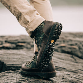 fit model walking wearing The Ridge Boot in Painted Camo, Footwear by Taylor Stitch