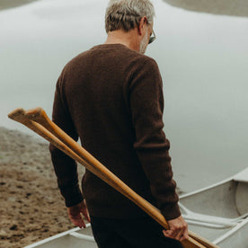 fit model walking wearing The Sidecountry Sweater in Coffee Heather Merino Waffle, Knits by Taylor Stitch