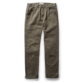 flatlay of The Slim All Day Pant in Fatigue Olive Selvage Denim, Bottoms by Taylor Stitch