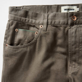 material shot of the pockets on The Slim All Day Pant in Fatigue Olive Selvage Denim, Bottoms by Taylor Stitch