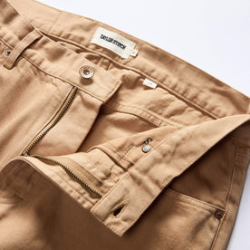 material shot of the waistband on The Slim All Day Pant in Tobacco Selvage Denim, Bottoms by Taylor Stitch