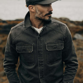 fit model showing off pocket detailing on The Shop Shirt in Soil Chipped Canvas, Wovens by Taylor Stitch