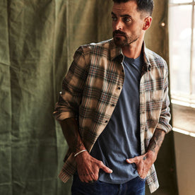 fit model wearing The California in Dune Plaid Brushed Cotton Twill, unbuttoned over a tee, Wovens by Taylor Stitch