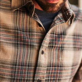 fit model showing the front of The California in Dune Plaid Brushed Cotton Twill, Wovens by Taylor Stitch