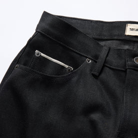 material shot of the pockets on The Democratic Jean in Black Nihon Menpu Selvage, Bottoms by Taylor Stitch