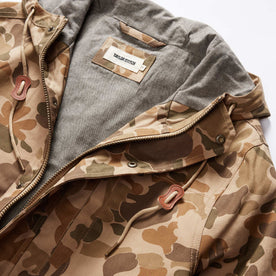 material shot of the three piece hood on The Explorer Jacket in Vintage Arid Camo Dry Wax, Outerwear by Taylor Stitch