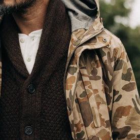 fit model showing the front of The Explorer Jacket in Vintage Arid Camo Dry Wax, Outerwear by Taylor Stitch