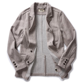 flatlay of The Gibson Jacket in Heathered Oat Nep Herringbone, shown open, Outerwear by Taylor Stitch