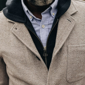 fit model showing the front of The Gibson Jacket in Heathered Oat Nep Herringbone, Outerwear by Taylor Stitch