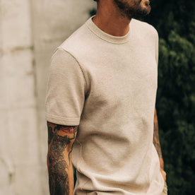 fit model showing off details on The Heavy Bag Waffle Short Sleeve in Oat Heather, Knits by Taylor Stitch