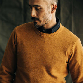 fit model in The Lodge Sweater in Gold, Knits by Taylor Stitch