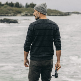 fit model facing the back in The Lodge Sweater in Charcoal Stripe, Knits by Taylor Stitch