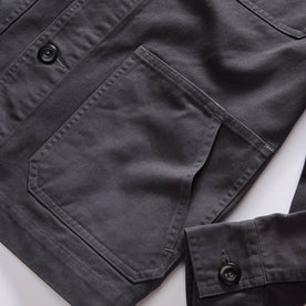 material shot of the pockets on The Ojai Jacket in Organic Charcoal Foundation Twill, Outerwear by Taylor Stitch