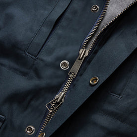 material shot of the zipper on The Pathfinder Jacket in Dark Navy Dry Wax, Outerwear by Taylor Stitch