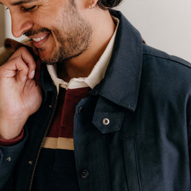 fit model showing off collar on The Pathfinder Jacket in Dark Navy Dry Wax, Outerwear by Taylor Stitch