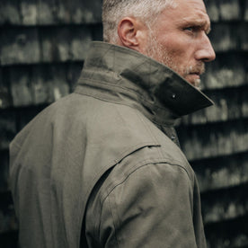 fit model showing off collar on The Pathfinder Jacket in Fatigue Olive Dry Wax, Outerwear by Taylor Stitch