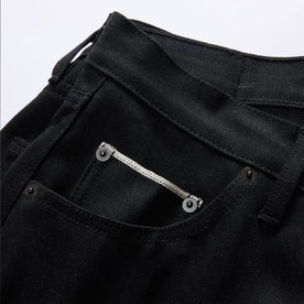 material shot of the pockets on The Slim Jean in Black Nihon Menpu Selvage, Bottoms by Taylor Stitch