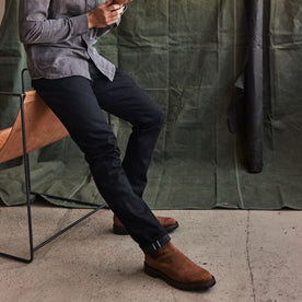 fit model in The Slim Jean in Black Nihon Menpu Selvage, Bottoms by Taylor Stitch