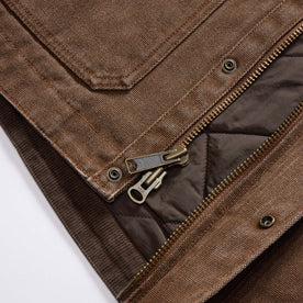 material shot of the zipper on The Workhorse Jacket in Aged Penny Chipped Canvas, Outerwear by Taylor Stitch