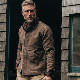 fit model posing in The Workhorse Jacket in Aged Penny Chipped Canvas, Outerwear by Taylor Stitch