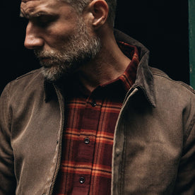 fit model showing off the collar on The Workhorse Jacket in Aged Penny Chipped Canvas, Outerwear by Taylor Stitch