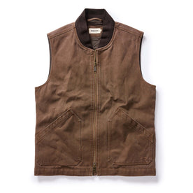 flatlay of The Workhorse Vest in Aged Penny Chipped Canvas, Outerwear by Taylor Stitch