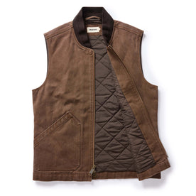 flatlay of open The Workhorse Vest in Aged Penny Chipped Canvas, Outerwear by Taylor Stitch