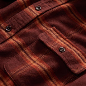 material shot of the front pocket on The Yosemite Shirt in Burnt Toffee Plaid, Wovens by Taylor Stitch