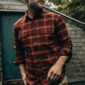 fit model showing the front of The Yosemite Shirt in Burnt Toffee Plaid, Wovens by Taylor Stitch