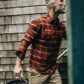 fit model showing the side of The Yosemite Shirt in Burnt Toffee Plaid, Wovens by Taylor Stitch