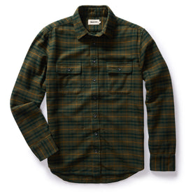 flatlay of The Yosemite Shirt in Dark Forest Plaid, shown in full, Wovens by Taylor Stitch