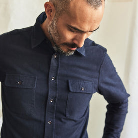 fit model showing the front flap chest pockets on The Yosemite Shirt in Dark Navy, Wovens by Taylor Stitch