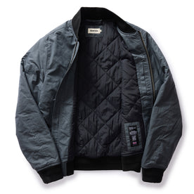 flatlay lay of The Bomber Jacket in Charcoal Dry Wax, shown open, Outerwear by Taylor Stitch