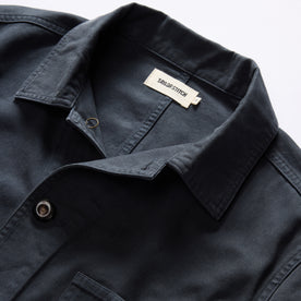 material shot of the collar on The Ojai Jacket in Organic Navy Foundation Twill, Outerwear by Taylor Stitch